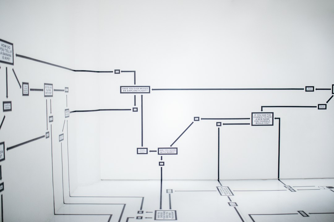 A black and white flowchart with text boxes and arrows on a wall